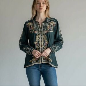 Johnny Was Embroidered Biya Tandit Blouse Top In Darkest Spruce Green Women L